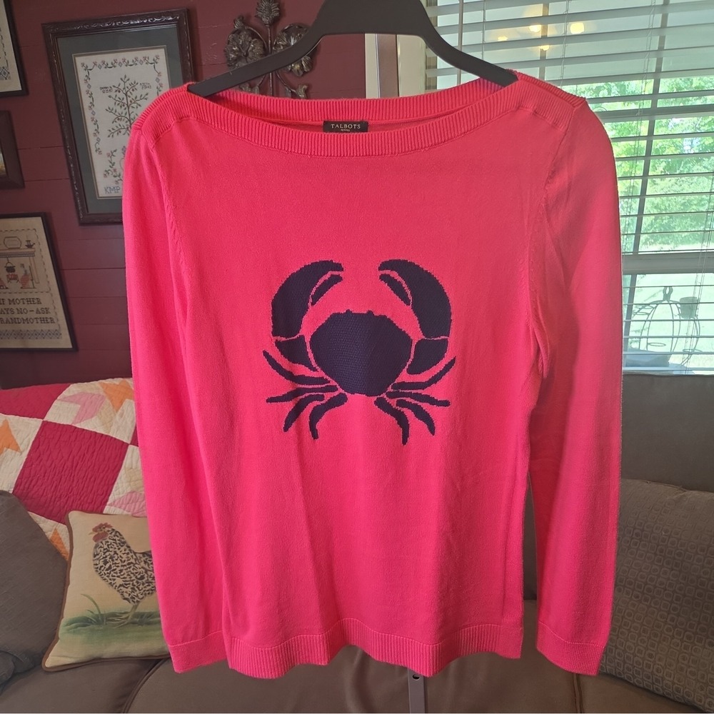 VTG Talbots Lobster Sweater Rayon Nylon Cotton Boat Neck Rose Pink  W/ Navy Sz M